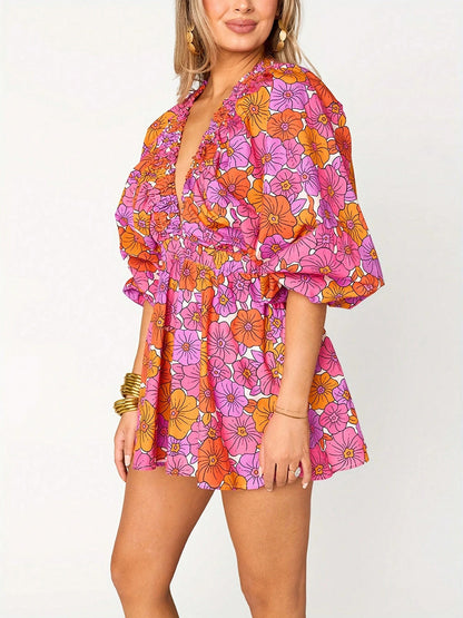 ✨Women's Casual Deep V Neck Puff Sleeve Jumpsuit Oversized Overalls