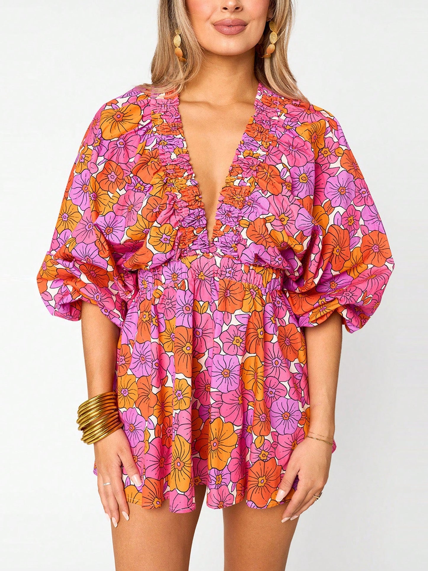 ✨Women's Casual Deep V Neck Puff Sleeve Jumpsuit Oversized Overalls