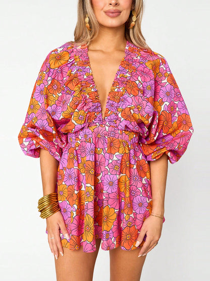 ✨Women's Casual Deep V Neck Puff Sleeve Jumpsuit Oversized Overalls