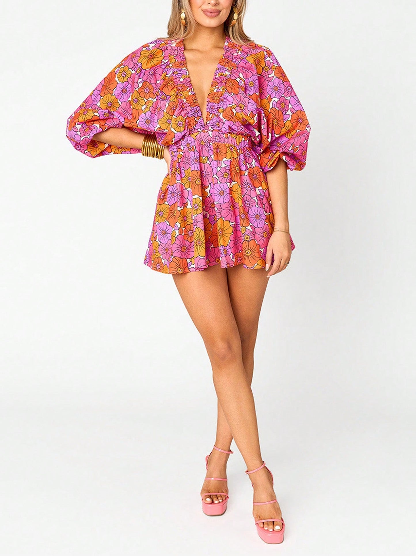 ✨Women's Casual Deep V Neck Puff Sleeve Jumpsuit Oversized Overalls