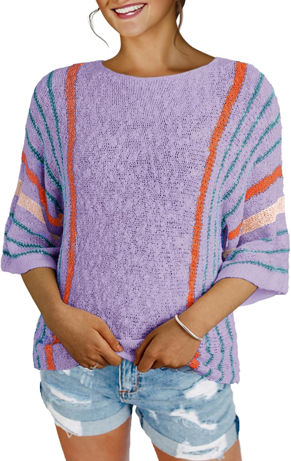 ✨Hot Sale-Women's Casual Color Block Striped Cable Knit Boho Sweater