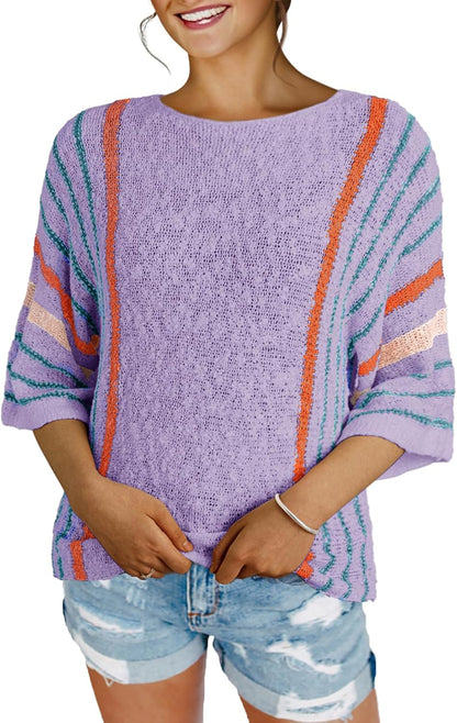 ✨Hot Sale-Women's Casual Color Block Striped Cable Knit Boho Sweater