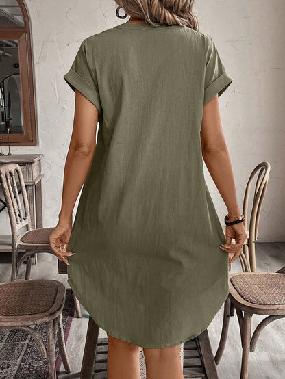 Notched V-Neck Button Down Cotton Dress