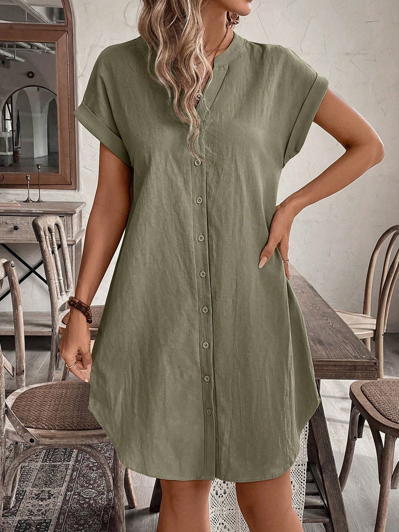 Notched V-Neck Button Down Cotton Dress