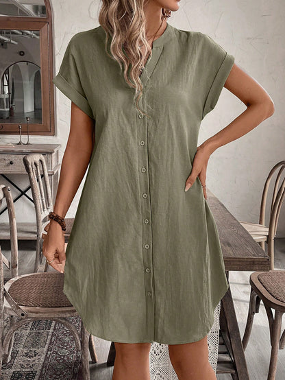 Notched V-Neck Button Down Cotton Dress