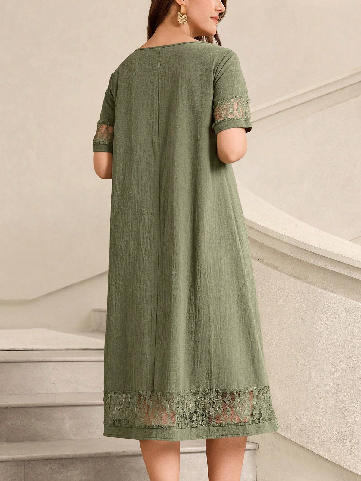 Lace Trim Midi Cotton Dress