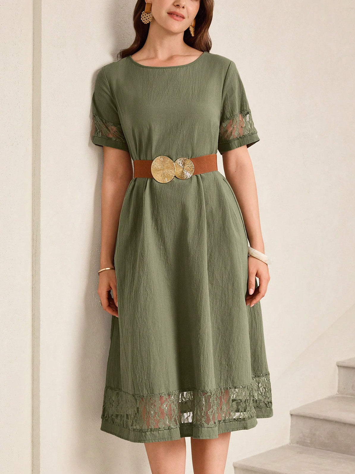 Lace Trim Midi Cotton Dress