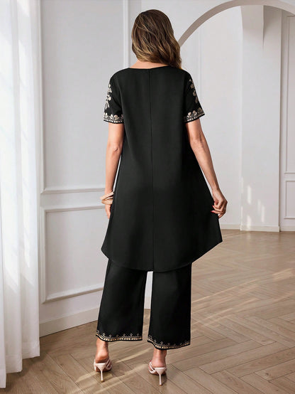 Elegant Black Gold Embroidery Two-Piece Set