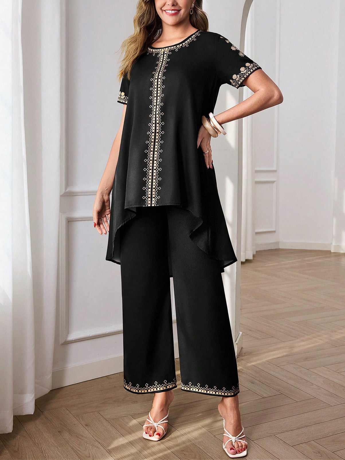 Elegant Black Gold Embroidery Two-Piece Set
