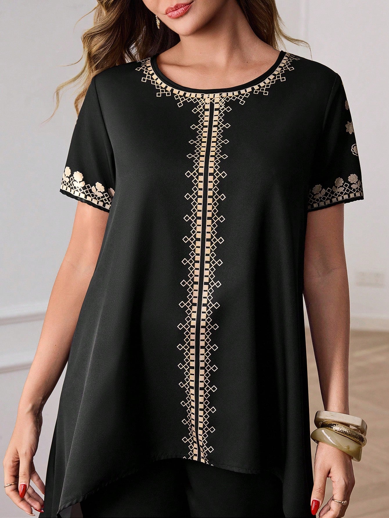Elegant Black Gold Embroidery Two-Piece Set