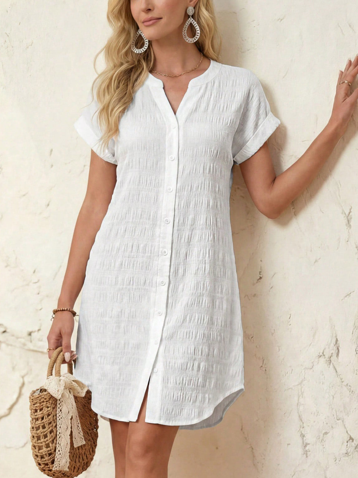 Notched V-Neck Button Down Cotton Dress