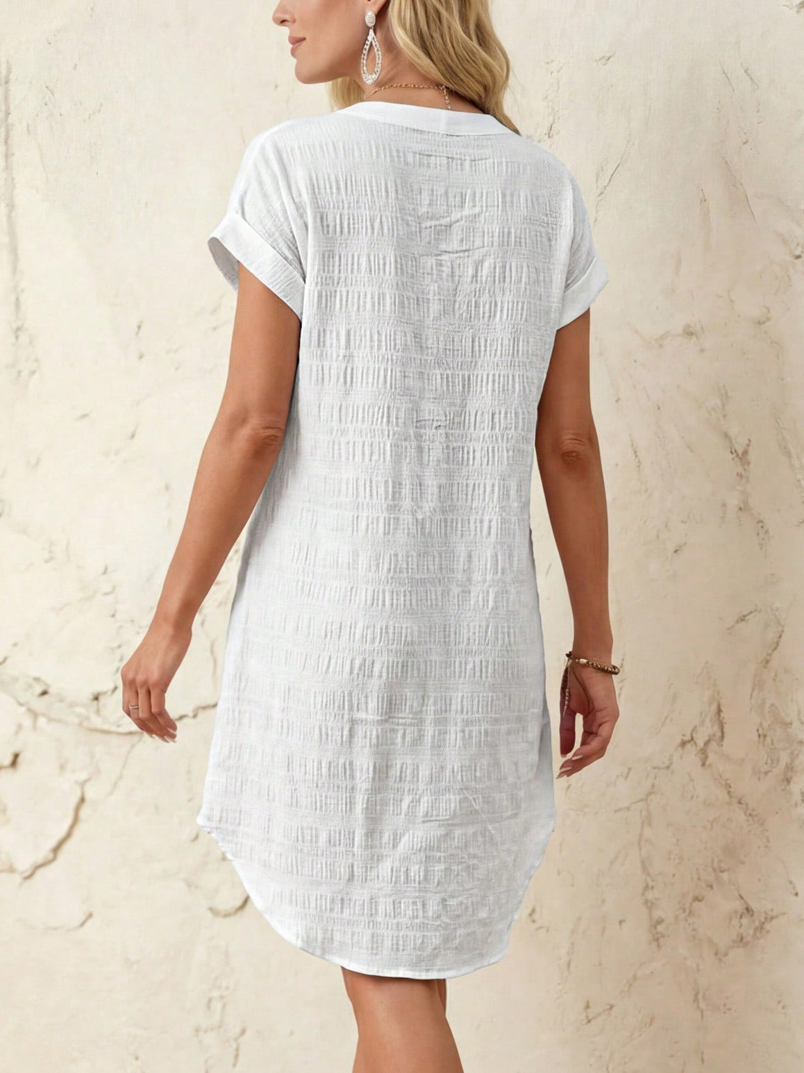 Notched V-Neck Button Down Cotton Dress