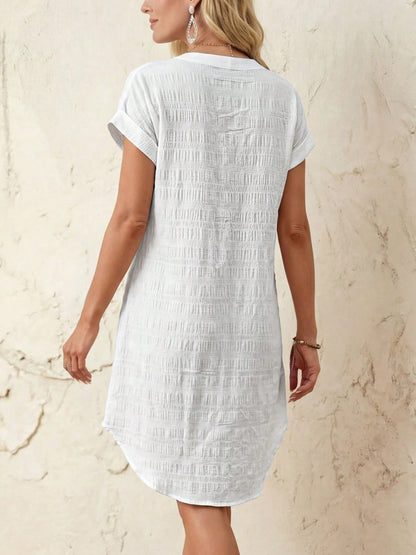 Notched V-Neck Button Down Cotton Dress