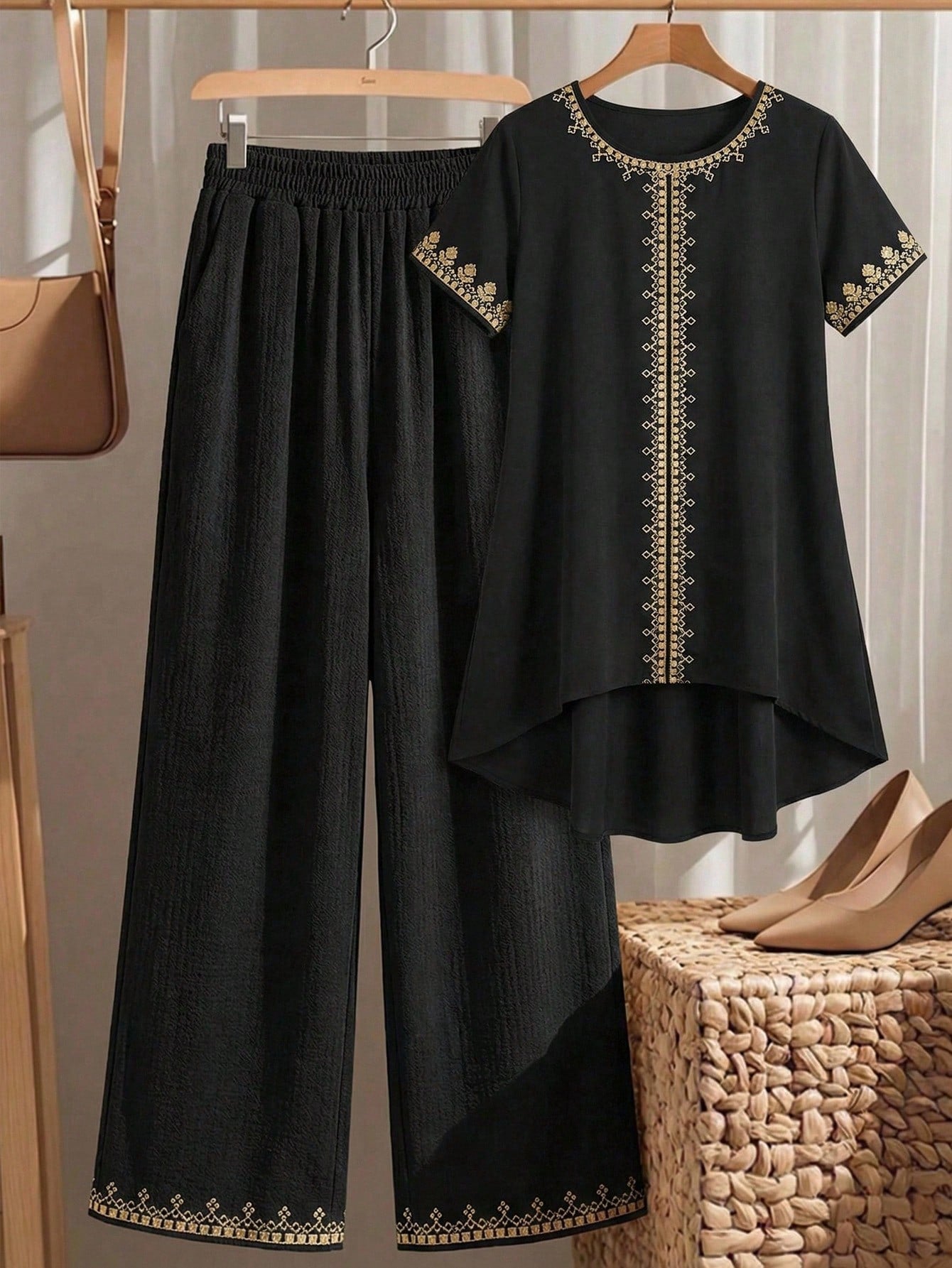 Elegant Black Gold Embroidery Two-Piece Set