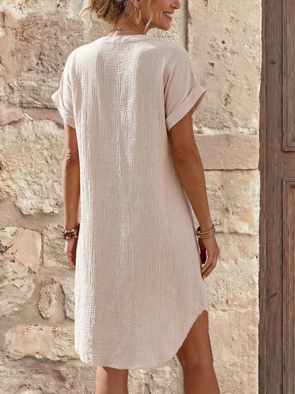 Notched V-Neck Button Down Cotton Dress