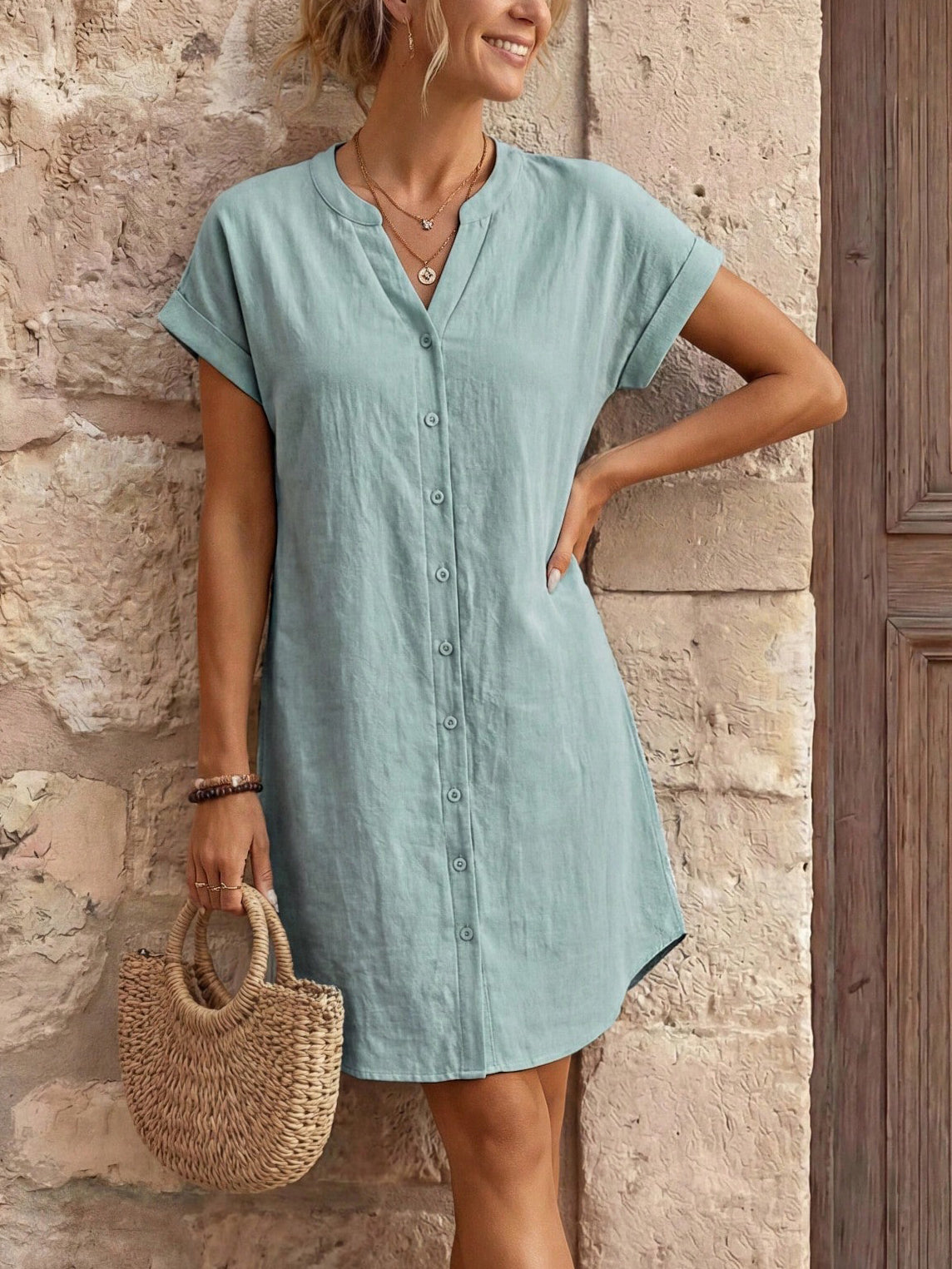 Notched V-Neck Button Down Cotton Dress