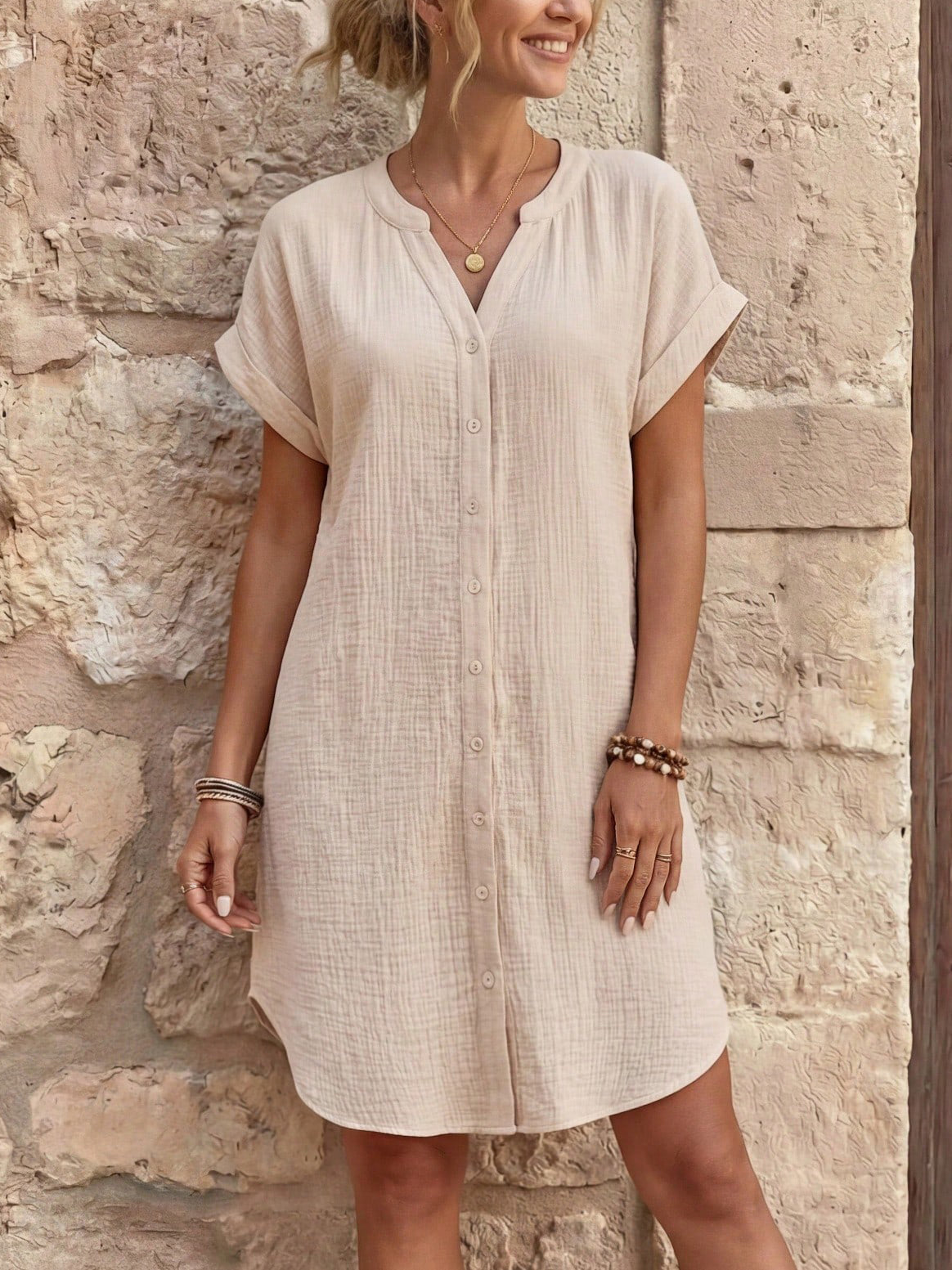 Notched V-Neck Button Down Cotton Dress