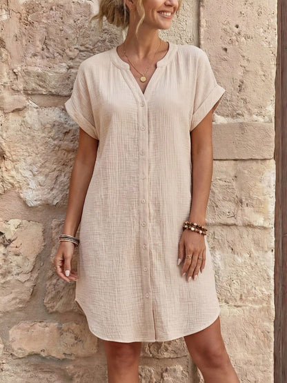 Notched V-Neck Button Down Cotton Dress
