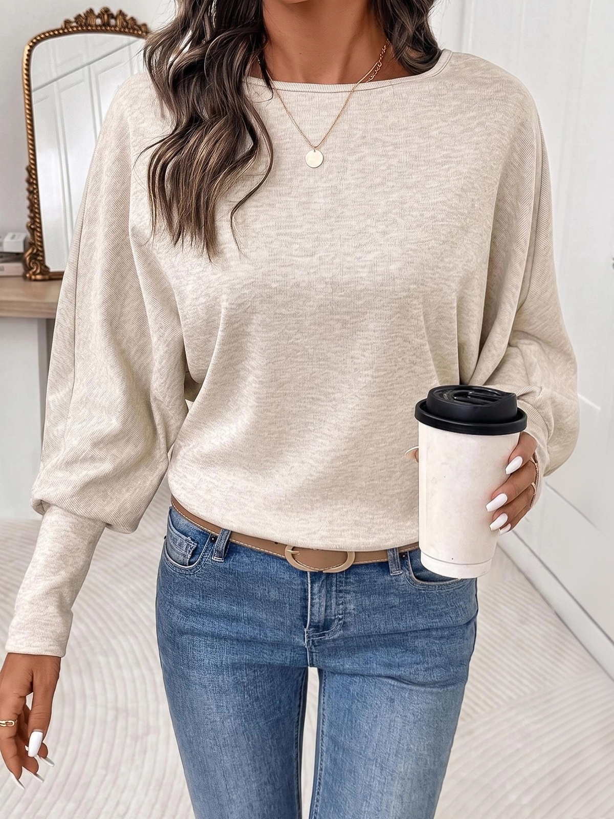 Women's Casual Loose Round Neck Soft Batwing Sleeve Long Sleeve Top