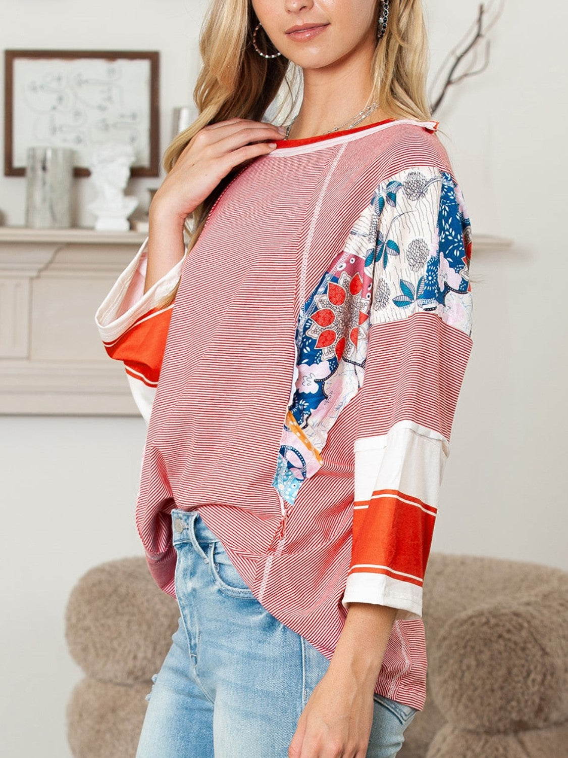 ✨Women's Casual Striped Floral Print Patchwork Oversized 3/4 Sleeve Top