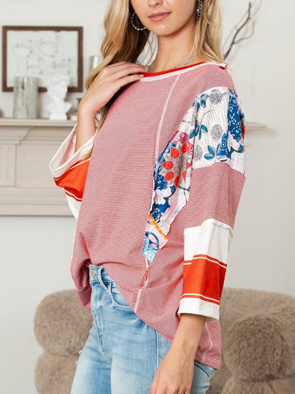 ✨Women's Casual Striped Floral Print Patchwork Oversized 3/4 Sleeve Top