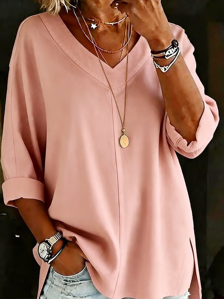 Women's V-Neck 3/4 Sleeve Side Slit Top