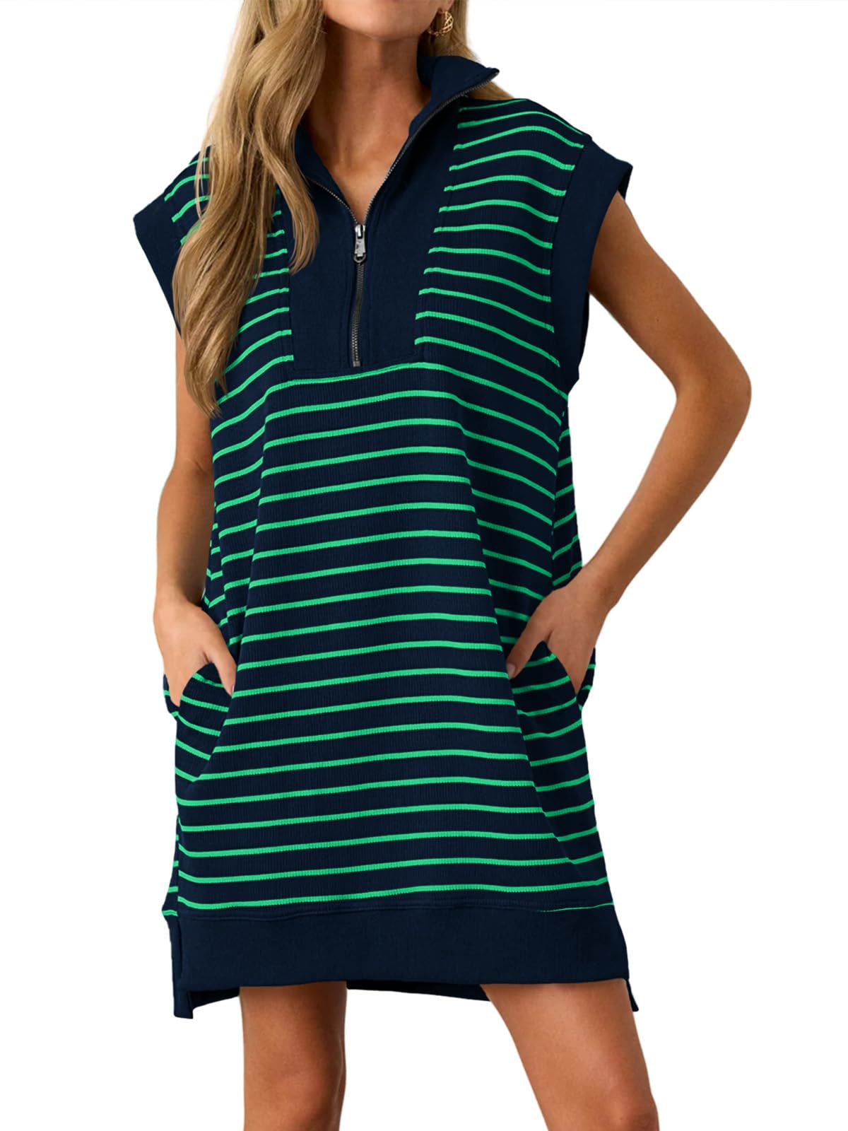 Women's Striped Casual Zipper Cap Sleeve Mini Dress