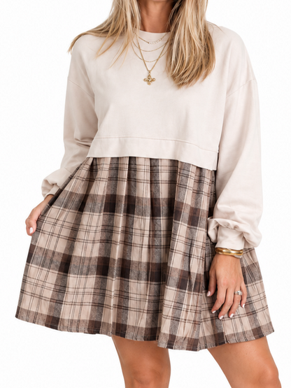Women Plaid Patchwork Sweatshirt Mini Dress