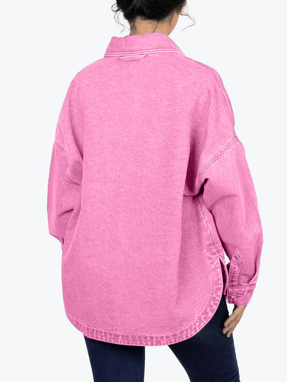 ✨Women's Solid Color Button Front Drop Shoulder Curved Hem Denim Jacket (Final Days: Big Savings!!!)