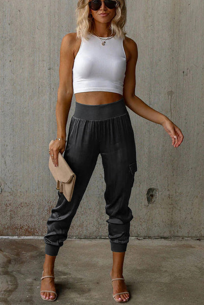 Women's Satin High Waist Pocketed Joggers