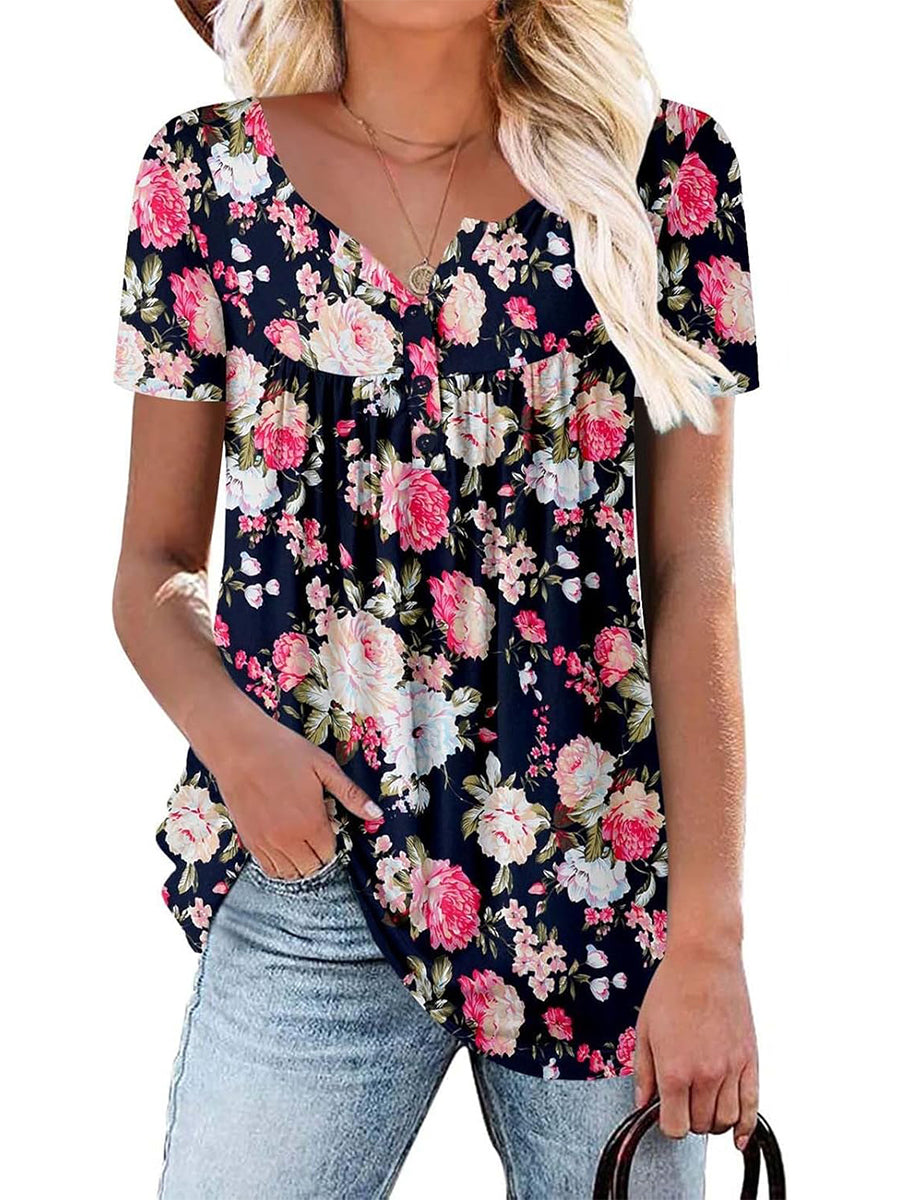 ✨Women's Printed Botton Down Pleated Short Sleeve Shirts Tunic Tops