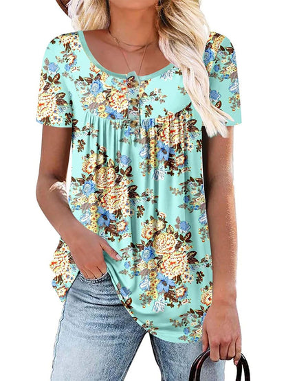 ✨Women's Printed Botton Down Pleated Short Sleeve Shirts Tunic Tops