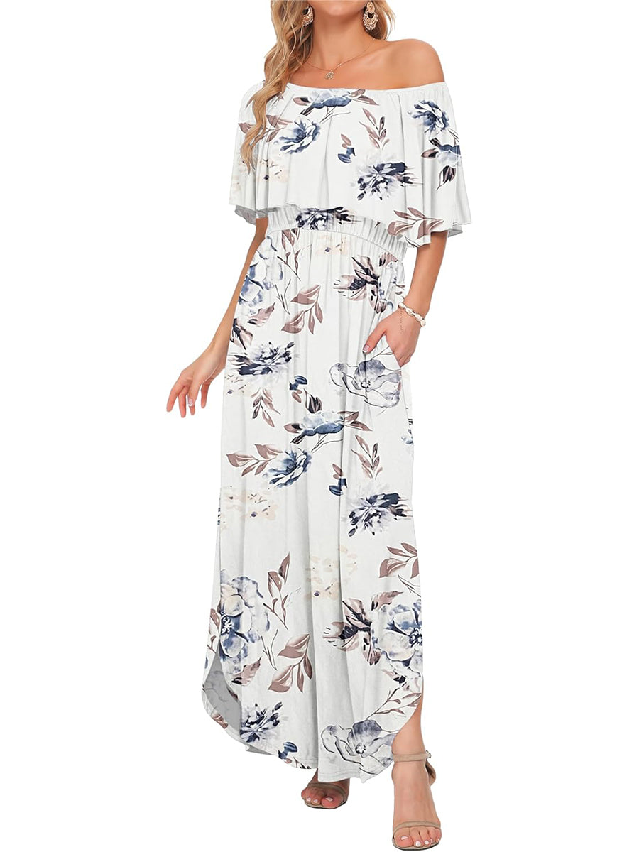 Limited time sale🔥Women's Off-Shoulder Floral Maxi Dress with Pockets & Side Slit