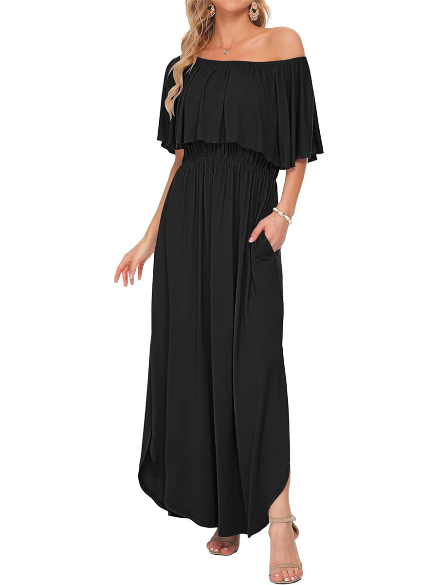 Limited time sale🔥Women's Off-Shoulder Floral Maxi Dress with Pockets & Side Slit