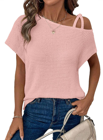 ✨Women's Off One Shoulder Waffle Knit Short Sleeve T-Shirts