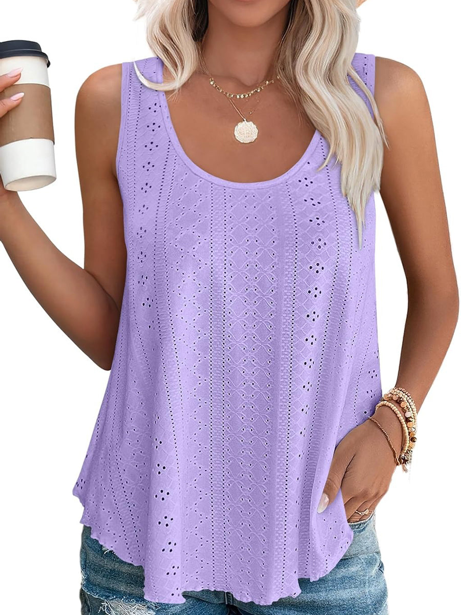 HOT SALE Women's Casual Loose Scoop Neck Wide Strap Eyelet Tank Tops