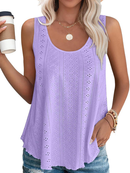 HOT SALE Women's Casual Loose Scoop Neck Wide Strap Eyelet Tank Tops