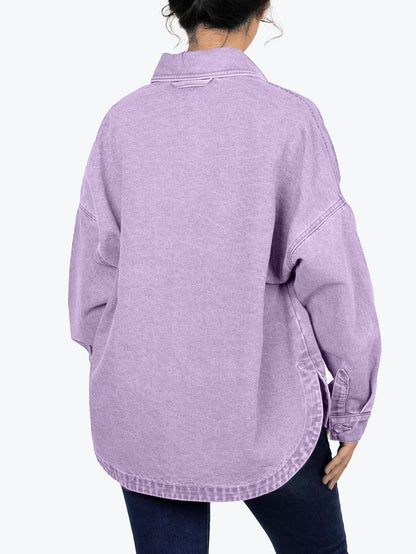 ✨Women's Solid Color Button Front Drop Shoulder Curved Hem Denim Jacket (Final Days: Big Savings!!!)