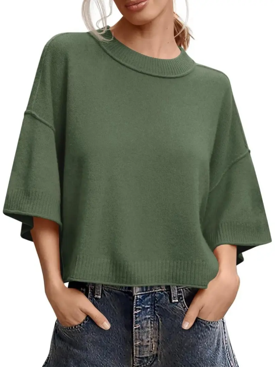 Oversized Cropped Short‑Sleeve Knit Top 🍂 Drop‑Shoulder Crew Neck Exposed‑Stitching Casual Tops