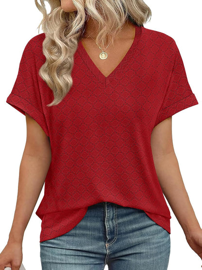 ✨Women's V Neck Eyelet Dressy Casual Basic Short Sleeve Tees
