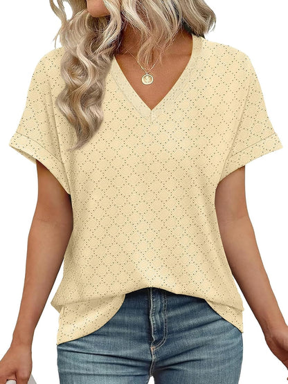 ✨Women's V Neck Eyelet Dressy Casual Basic Short Sleeve Tees