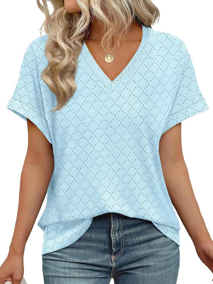 ✨Women's V Neck Eyelet Dressy Casual Basic Short Sleeve Tees