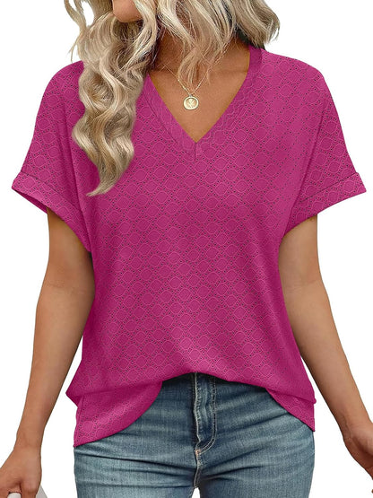 ✨Women's V Neck Eyelet Dressy Casual Basic Short Sleeve Tees