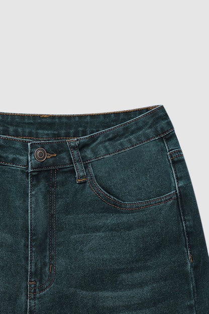 Washed Raw Hem Mid Waist Straight Leg Jeans