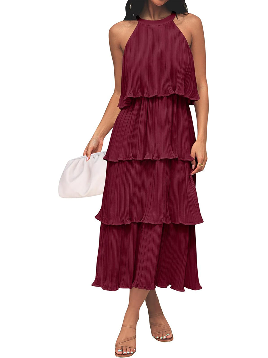 ⏰Hot Sale-Women's Summer Halter Neck Ruffle Tiered Layered Chiffon Flowy Swing Midi Dress