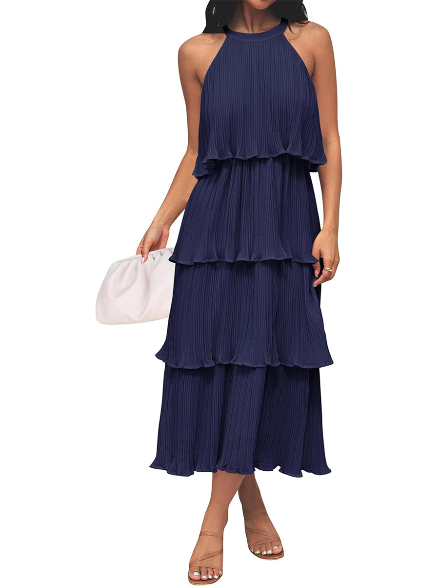 ⏰Hot Sale-Women's Summer Halter Neck Ruffle Tiered Layered Chiffon Flowy Swing Midi Dress