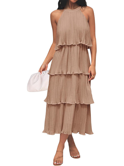 ⏰Hot Sale-Women's Summer Halter Neck Ruffle Tiered Layered Chiffon Flowy Swing Midi Dress