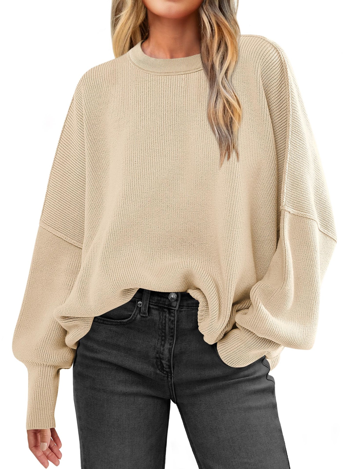 Women Oversized Side Slit Ribbed Knit Pullover Sweaters Top