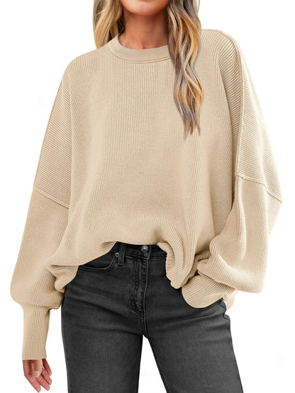Women Oversized Side Slit Ribbed Knit Pullover Sweaters Top
