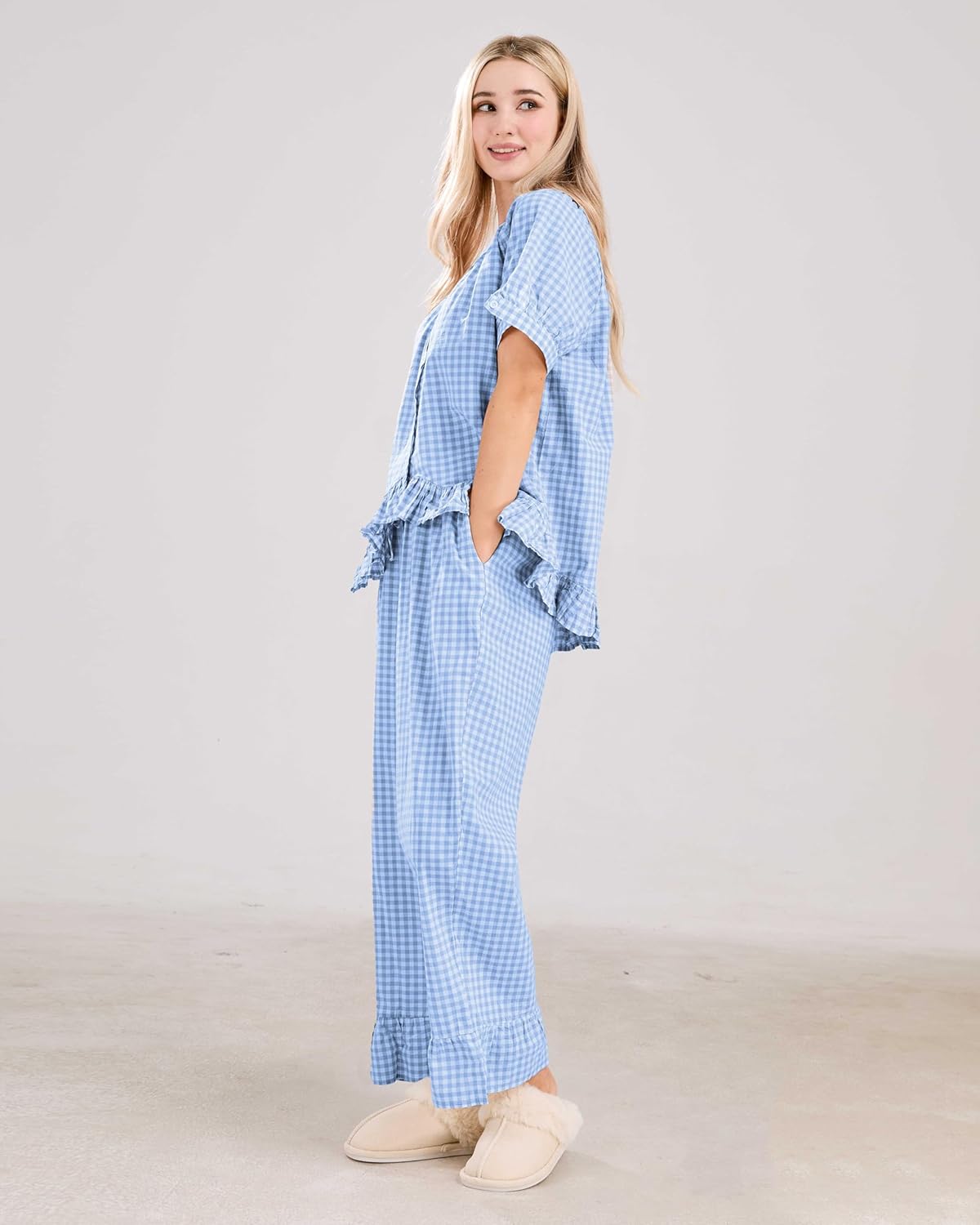 ✨Women Plaid 2 Piece Set Pajamas Outfits Short Sleeve Ruffle Shirt Pants Sets